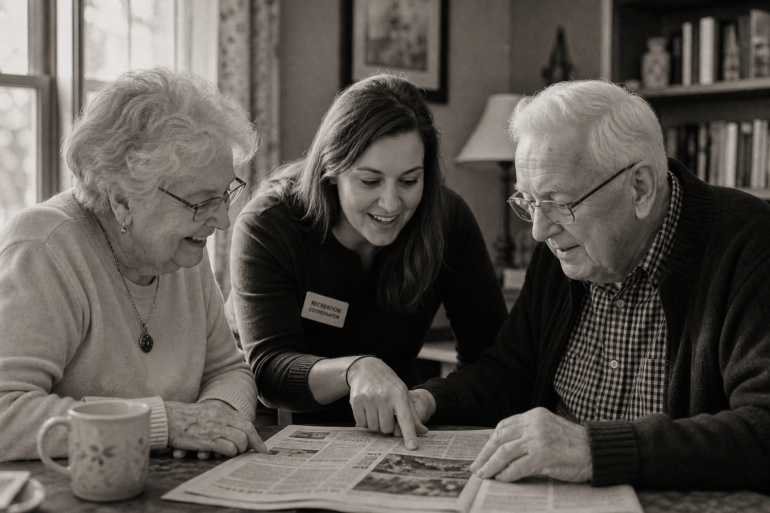 Recreation coordinator with residents at a table