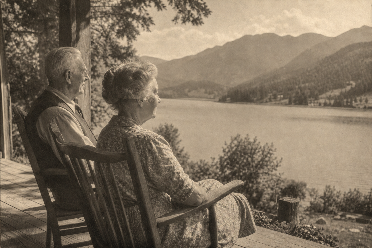 Couple on porch overlooking lake and mountains