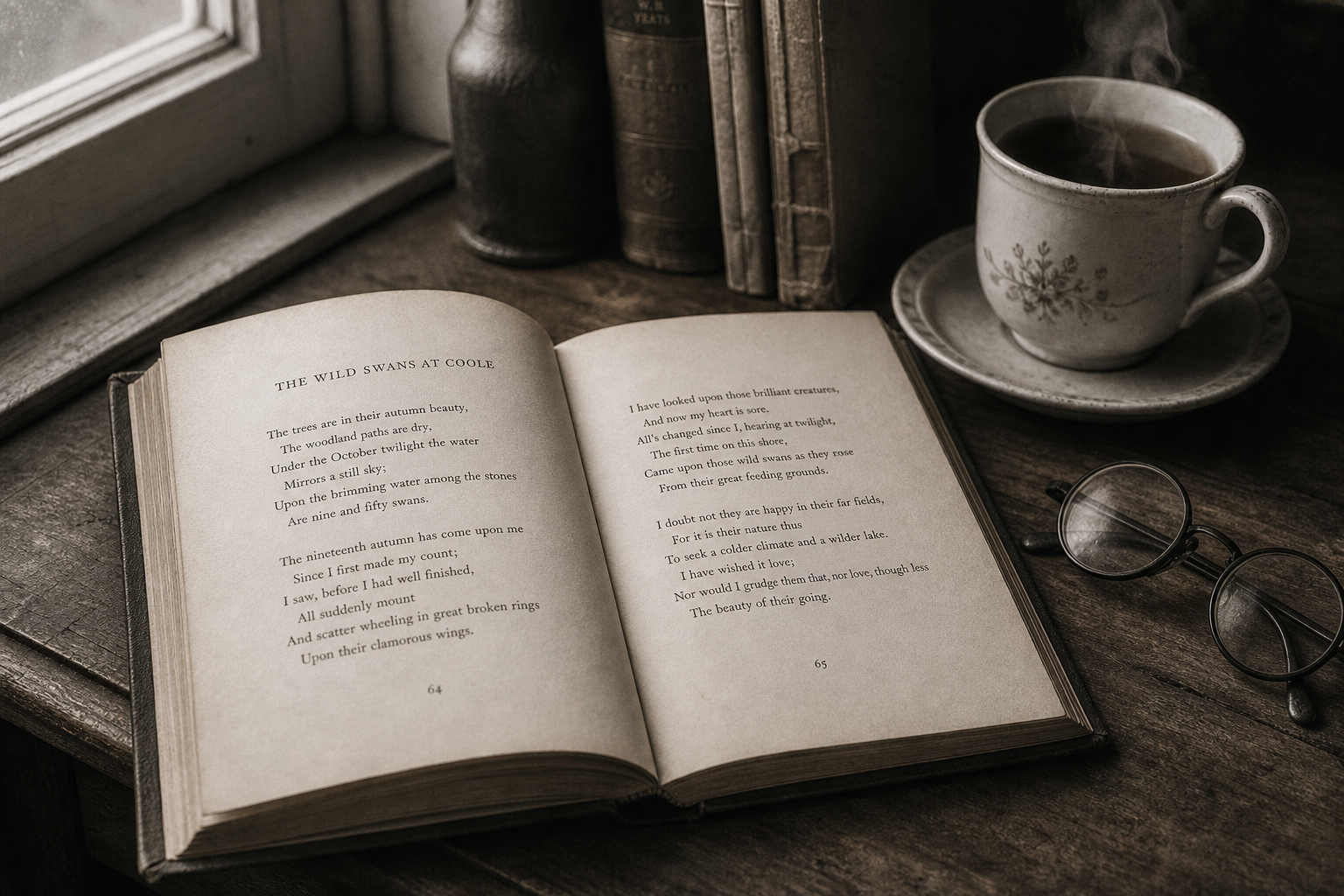 Open vintage poetry book with reading glasses