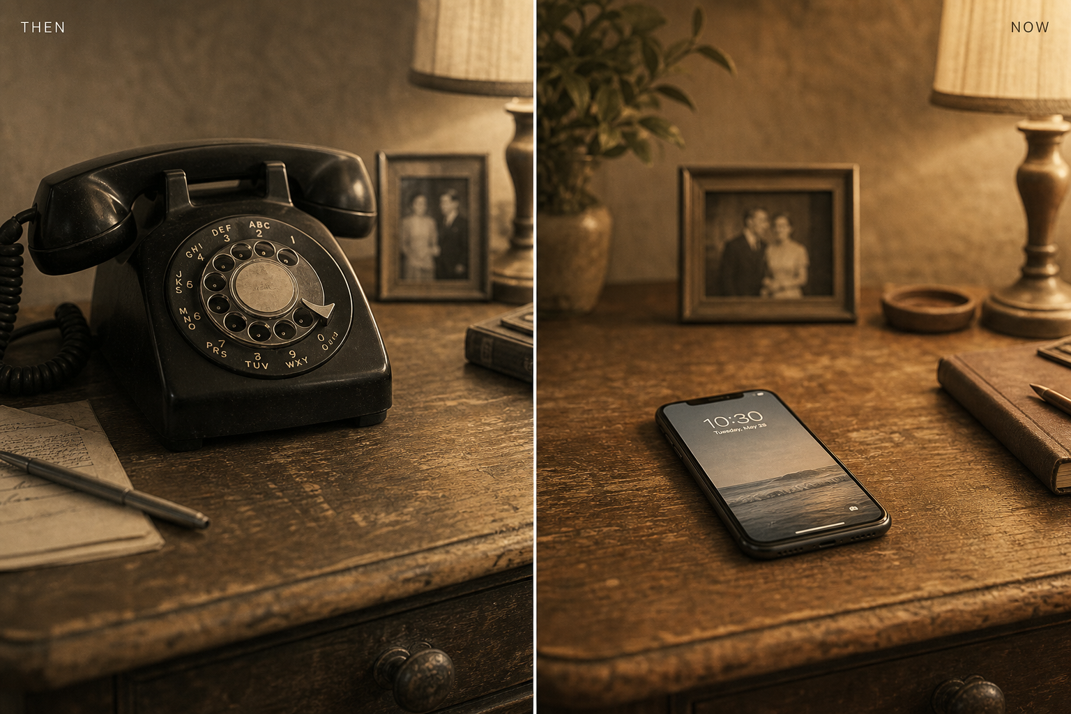 Rotary phone beside a modern smartphone